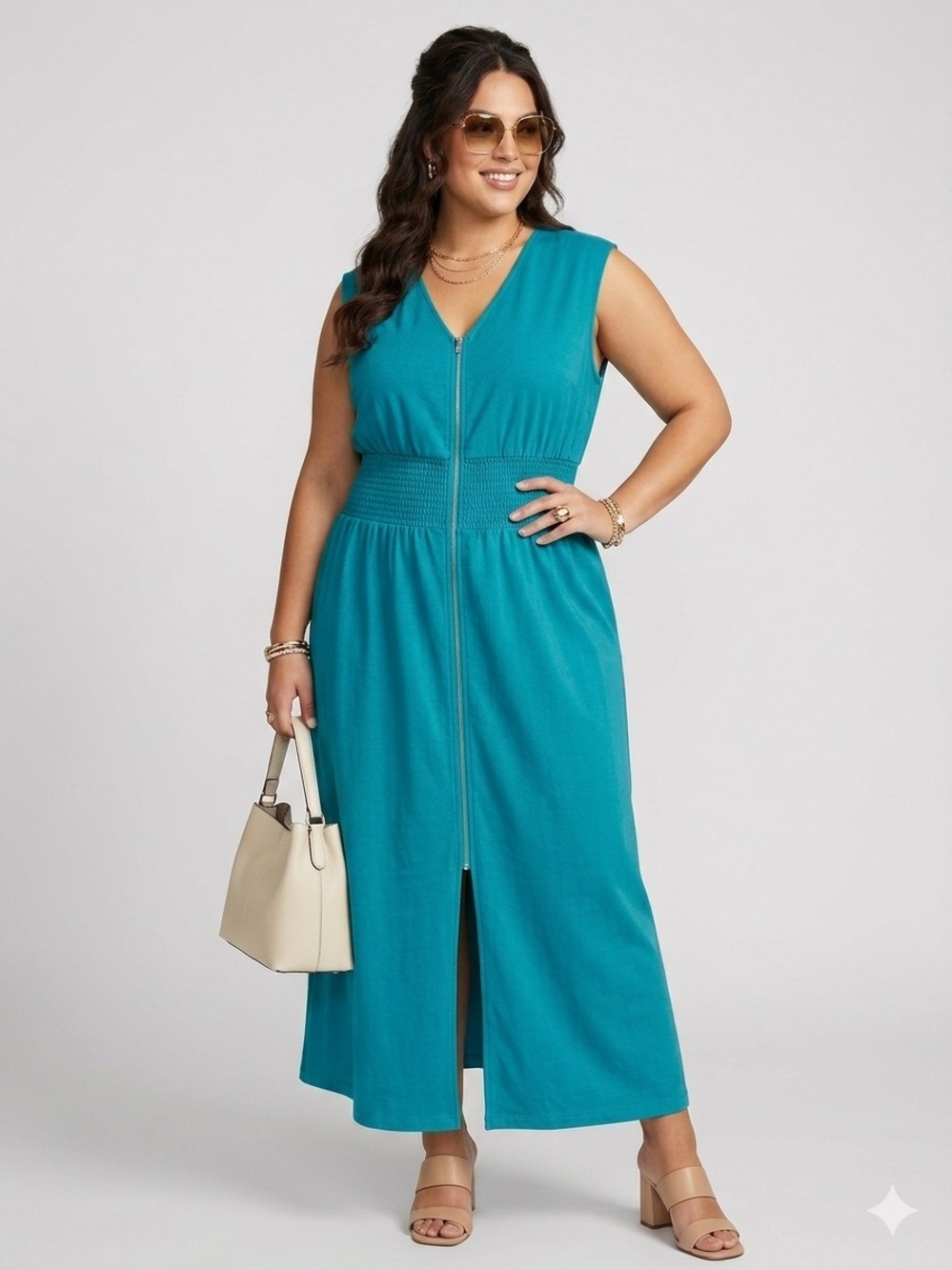 Joie Sleeveless Teal Zip Front Maxi Dress Smocked Waist Chic Elegant Plus Sz 1X